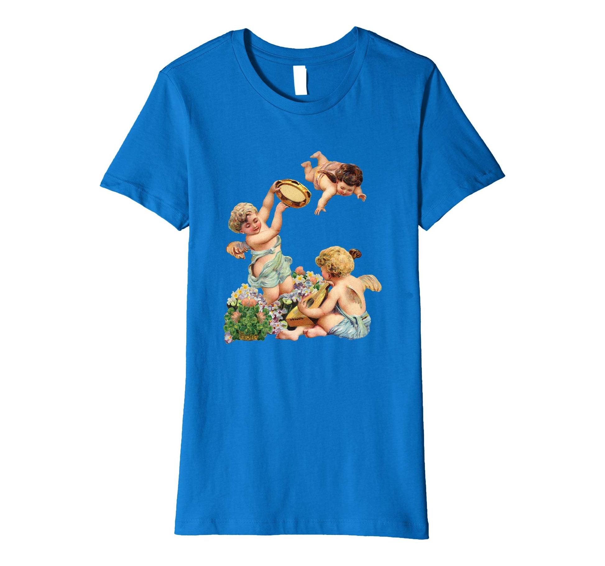 Womens Cotton Tee T-shirt Gift for Mom with Cherubs Playing Music Art Royal Blue