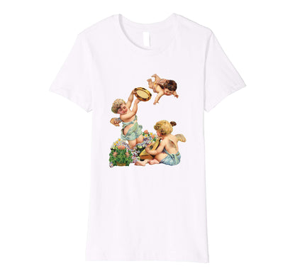Womens Cotton Tee T-shirt Gift for Mom with Cherubs Playing Music Art White