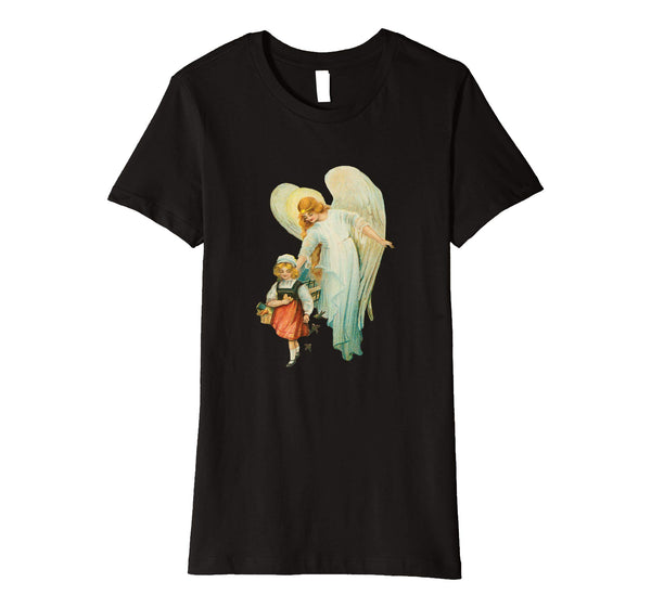 Womens Cotton Tee T-shirt Gift for Mom with Guardian Angel and Girl Black