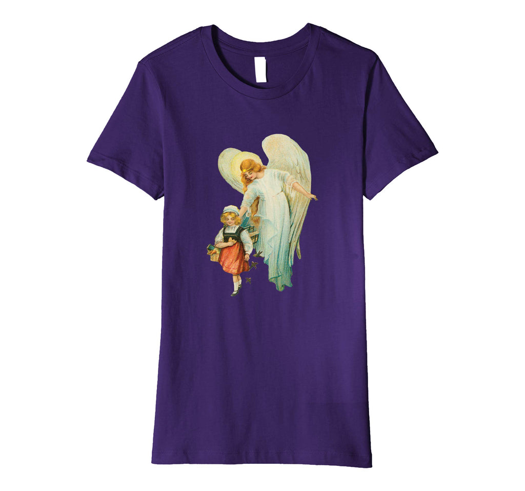 Womens Cotton Tee T-shirt Gift for Mom with Guardian Angel and Girl Purple