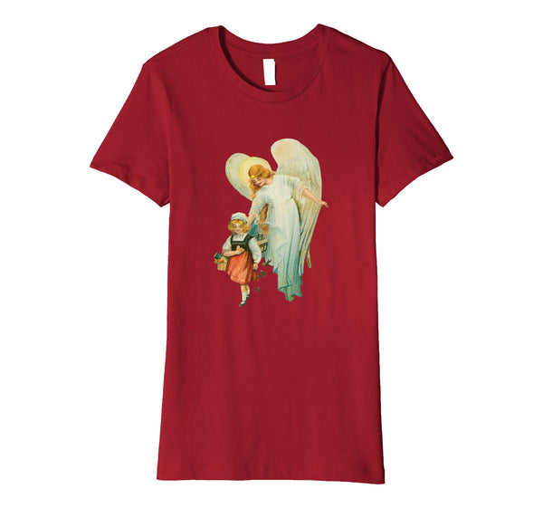 Womens Cotton Tee T-shirt Gift for Mom with Guardian Angel and Girl Cranberry