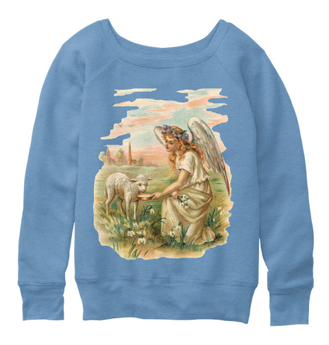 Womens Slouchy Sweatshirt with Antique Angel Feeding Lamb Print Blue Triblend