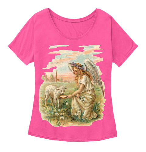 Womens Slouchy Tee with Antique Angel Feeding a Lamb
