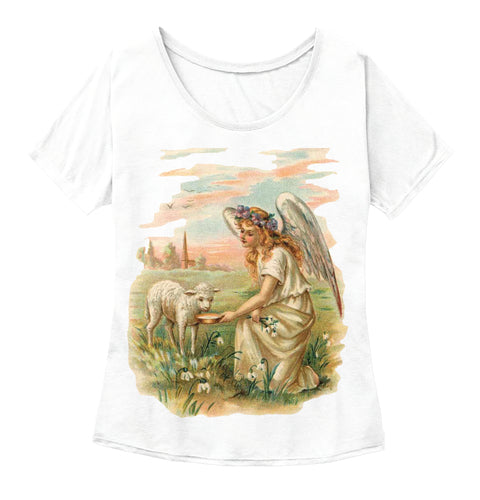Womens Slouchy Tee with Antique Angel Feeding a Lamb